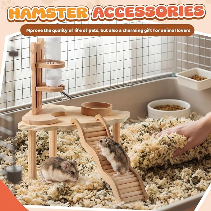 5 Pcs Hamster Cage Accessories, Wood Hamster Play Wooden Platform Water Bottle with Stand Climbing Set for Rat Mice Small Animals Pets Habitats Woodland Decor(Scalloped Platform)