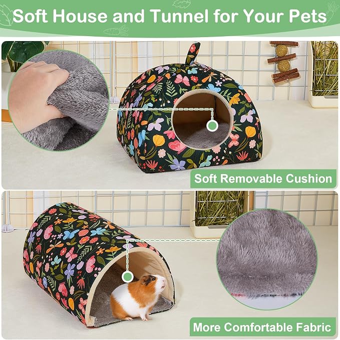 Guinea Pig Hideout, Bienbee Washable Rabbit Bed with Guinea Pig Tunnel, 2 Pack Guinea Pigs Toys Set Bunny Hideout Cage Accessories for Hamster Ferret Rabbits Bunny, Green Flowers