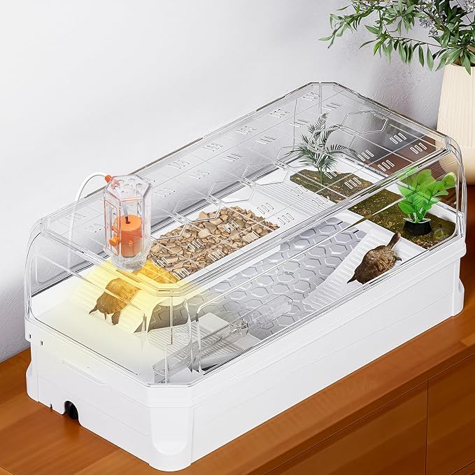 Turtle Tank Kit with Lid,Aquatic Habitat Red Eared Slider Cage | Small Tortoise Starter Enclosure with Multi-Function Area,UV Basking Platform Light,Water Filter,Rain Shower Arm,Plant,Stone