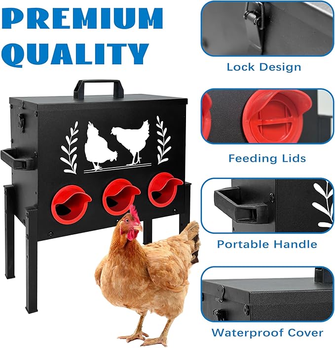 No Waste Automatic Chicken Feeder (30 LB), Rodent Resistant Metal Poultry Feeder with Locking Lid, Adjustable Stand & 8 Ports, Heavy Duty Weatherproof Feed Box for Hens, Ducks