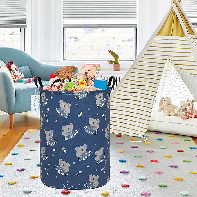 Laundry Basket Canvas Fabric Collapsible Organizer Basket for Storage Bin Toy Bins Gift Baskets Bedroom Clothes Children Nursery Hamper (Space Koala)