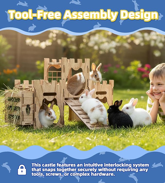Larger Bunny Castle Sturdy Walnut Color Wooden Rabbit Hideout for Bunnies Guniea Pigs Ferrets Chinchillas Hamsters LXUS (Castle Ramp Feeder)