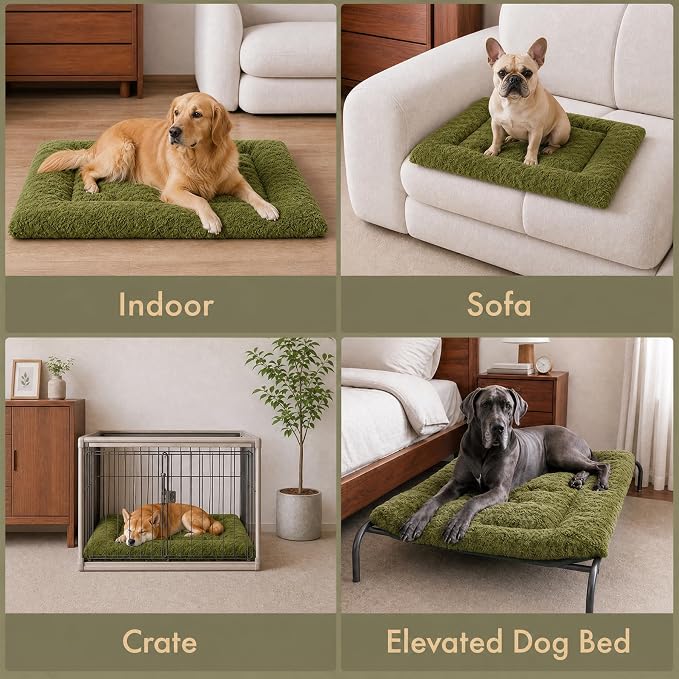Washable Dog Bed Mat Ultra Soft Dog Crate Pad Comfy Fluffy Pet Kennel Beds Sleeping Mattress for Large Jumbo Medium Small Dogs, 48 x 60 Inch, Green