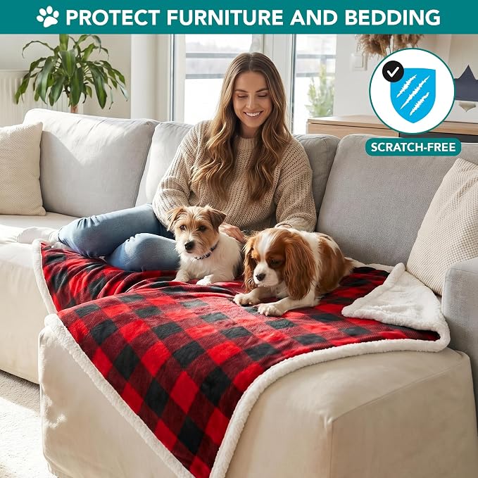 PetAmi Dog Blanket for Small Medium Dogs and Cats, Soft Sherpa Fleece Pet Blanket Throw for Puppies Kittens, Reversible Plush Couch Cover Protector Sofa Bed Crate, Machine Washable, 60x40, Checker Red