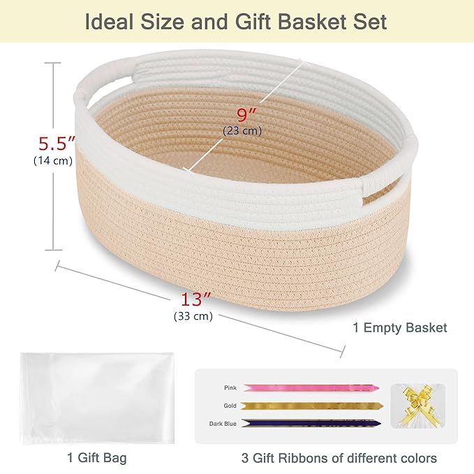 Small Woven Basket with Gift Bags and Ribbons, Empty Baby Gift Baskets for Kids Women Men, Shelf Storage, Small Cat Dog Pet Toy Boxes, 13”x 9”x 5.5”, Beige