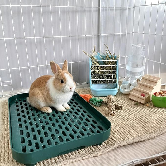 kathson Rabbit Litter Box for Cage Corner with Grid Holes,Bunny Potty Trainer Tray Guinea Pig Litter Pan, Small Animal Toilet for Ferret Chinchilla Hedgehog