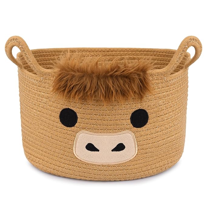 Oval Highland Cute Cow Basket for Nursery, Large Woven Gift Basket, Shelves Rope Cotton Storage Bins for Gifts Empty, Baby Shower Blanket with Handles,Towel Burr Decorative, 13"D x 8"H in