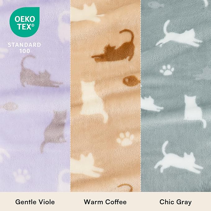 Luciphia 3 Pack Cat Blankets, Soft Fluffy Fleece Blanket with Cute Cat Print, Cozy Small Pet Throw Blanket for Cat Bed Carrier Couch Travel, Machine Washable, Purple/Grey/Khaki, 41x31