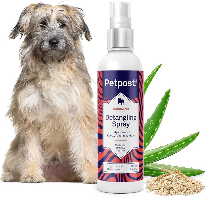 Petpost | Detangling Spray for Dogs with Knots, Mats & Tangles - Naturally Rejuvenating Dog Hair Detangler for Healthier, Shinier, Stronger Fur - Oatmeal, Aloe, and Vitamin E Formula 8 oz.