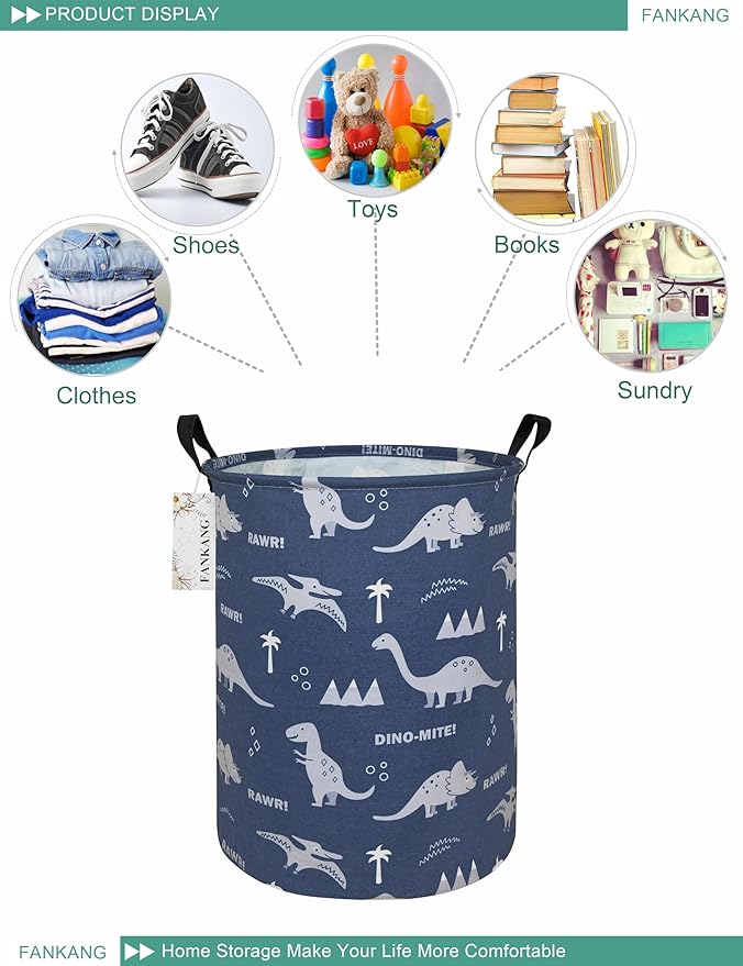 Storage Basket, Nursery Hamper Canvas Laundry Basket Foldable with Waterproof PE Coating Large Storage Baskets for Kids Boys and Girls, Office, Bedroom, Clothes,Toys(Blue dinosaur)