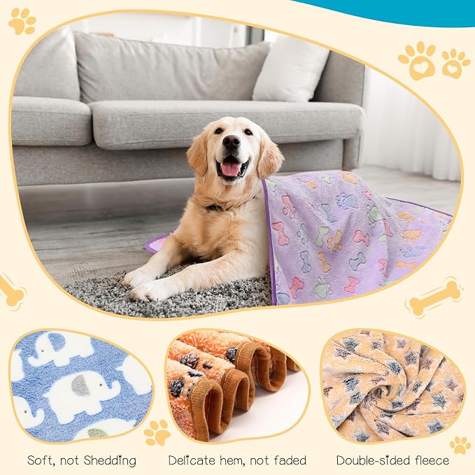 Tatuo 12 Pieces 41 x 30 Inch Dog Blanket Super Soft Warm Cat Sleep Mat Pet Kitten Doggy Fluffy Fleece Blankets with Cute Dog Paw Bone Star Elephant Patterns Printed Fluffy Blanket for Small Cat Puppy