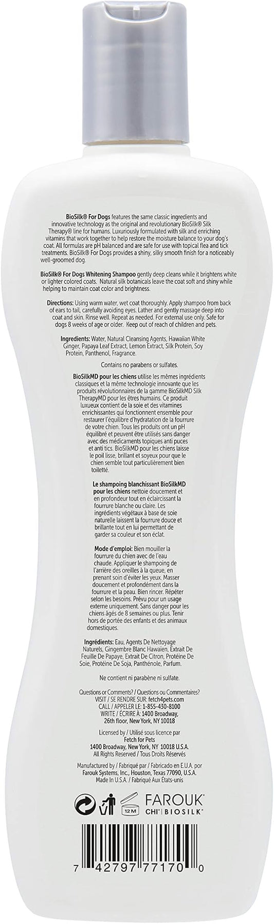 BioSilk Silk Therapy Whitening Dog Shampoo, Brightening Pet Shampoo with Silk Protein for White and Light Colored Coats, Enhances Shine and Softness, pH Balanced Dog Wash, 12 Fl Oz