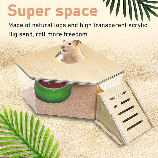 PINVNBY Hamster Sand Bath Box, Transparent Acrylic Sand Bath Shower, Gerbils Digging Room Container with Climbing Ladder and Ceramic Bowl, Litter Box for Hamsters Guinea Pigs Mice (Triangle)