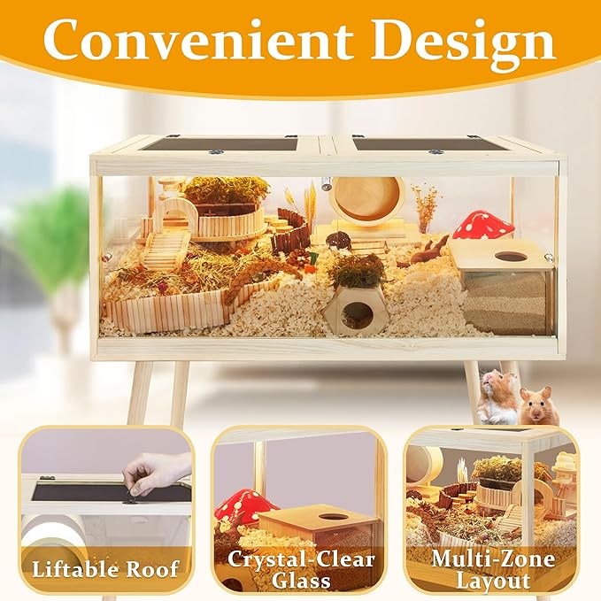PROLEE Hamster Cage Chewproof, Mice and Rat Habitat with Transparent Sides, Hamster Cage with Openable Mesh Top, Solid Built with Lock Design and Leg Stand, 48" inch