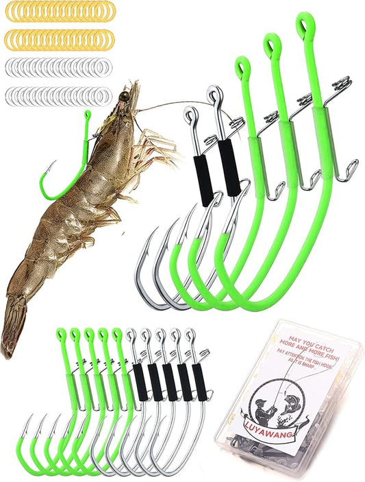 Luminous Shrimp Hooks 10/40 Packs Saltwater Fishing Hooks - Premium Carbon Steel Barbed Corrosion Resistant for Big Game Fish