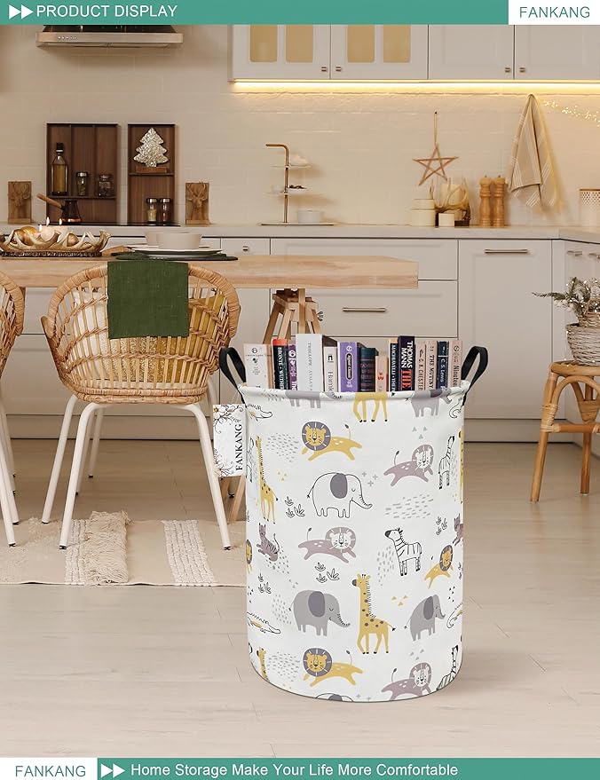 Storage Basket, Nursery Hamper Canvas Laundry Basket Foldable with Waterproof PE Coating Large Storage Baskets for Kids Boys and Girls, Office, Bedroom, Clothes,Toys(Lovely Animals)