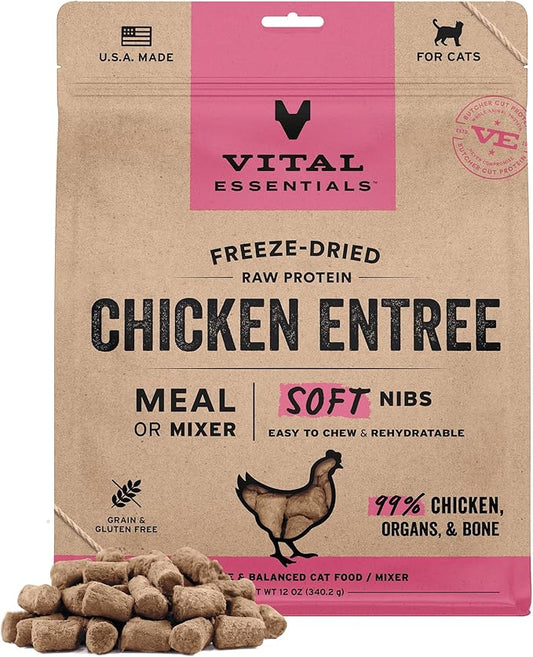 Vital Essentials Freeze Dried Cat Food, Raw Chicken Soft Nibs | Complete Meal or Topper | 99% Chicken, Organs & Bone | Limited Ingredient, High Protein, Grain Free Dry Cat Food | 12 oz Bag