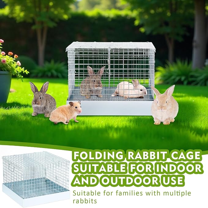 DoubleFill 2 Hole Folding Rabbit Transport Cage, Portable 18 x 18 x 14 in Bunny Carrier with Tray and Handles for Travel or Temporary Housing, Indoor Outdoor Pet Habitat Animal Enclosure
