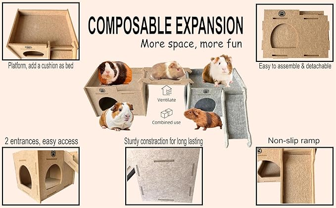 Guinea Pig Felt Hideout & House with Ramp Easy to Assemble Small Animal Sturdy Hut Habitats Decor for Piggies Chinchilla Rat Playing Hiding (Camel)