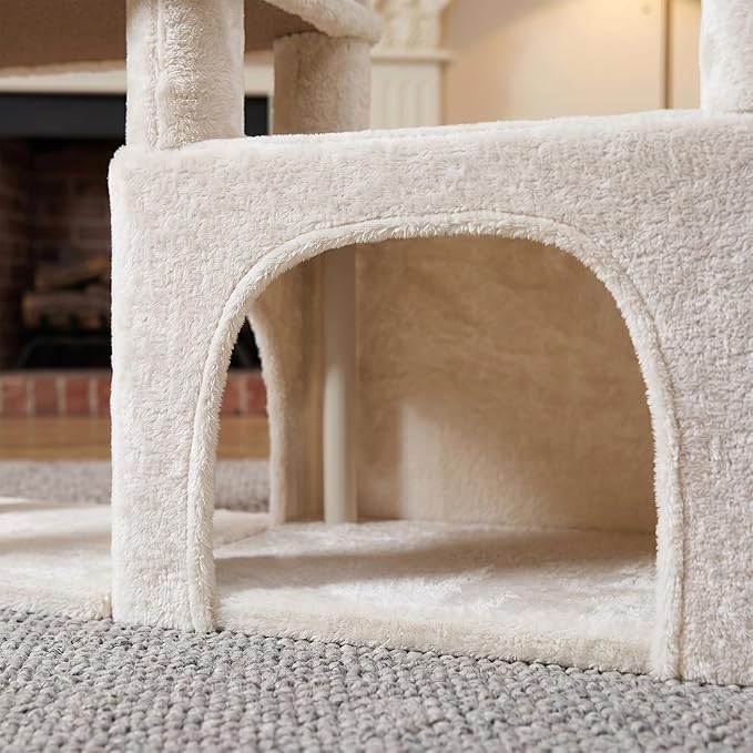 YUNIQUE Multi-Functional Cat Tree Tower, Big Cat Condo with Scratching Board, Rotating Toy & Deep Hammock, Luxury Perch Kitty Furniture for Indoor Cats (Beige)
