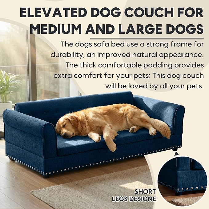 55" Dog Sofa for Medium to Large Dogs, Button Tufted Dog Couch Bed with Backrest and Armrests, Durable Memory Foam Pet Bed, Removable Cushion for Medium and Large Dogs, Blue