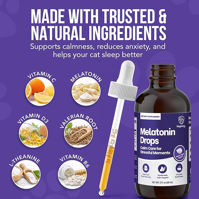 Cat Melatonin Drops, Liquid Melatonin for Cats for Grooming, Travel and Vet Visits, Calming Cat Sedative for Grooming, Cat Sleep Aid, Cat Melatonin Treats