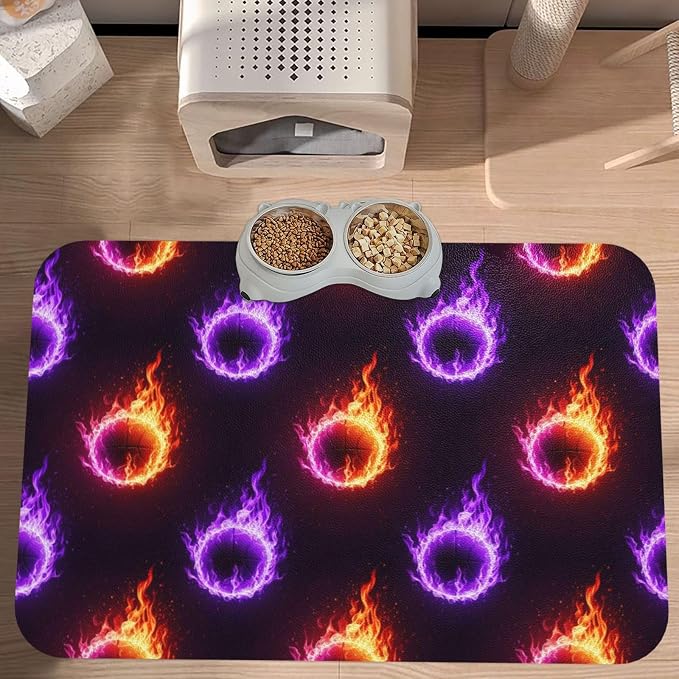 Dog Cat Food Mat Absorbent Placema Non Slip Rubber Backing Dog Food Mats for Floors, Cool Purple Fire Basketball Pet Supplies