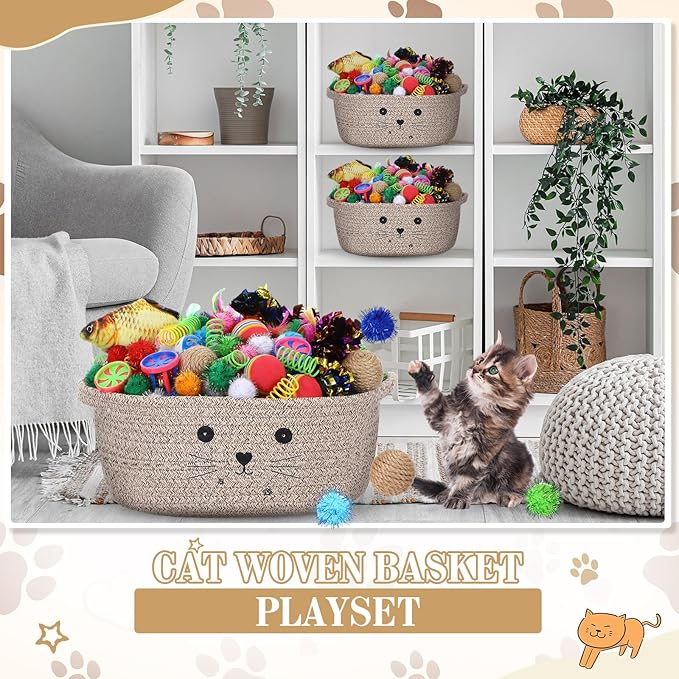 Zopeal 58 Pcs Mother’s Day Cat Storage Basket Gift Toys Set, Colorful Flashing Balls Pet Bell Crinkle Balls Spring Toys Attract Cat to Swat, Hunt, Interactive for Pet(Dark Brown,12 Inch)