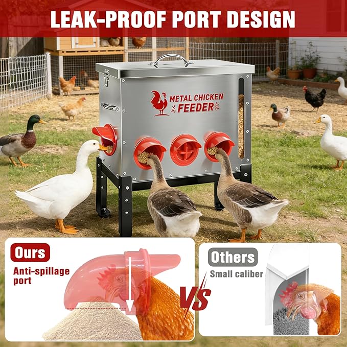 Automatic Chicken Feeder 50 LB Large Capacity with Window 8 Feeding Ports & Buckle Lock Lid and Adjustable Height Stand Chicken Feeder for Chickens Geese Ducks & Poultry(Silver)