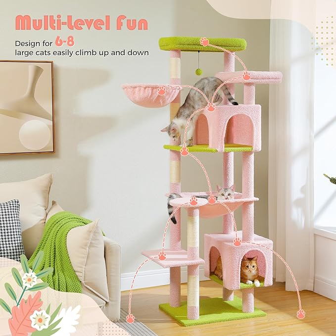 PETEPELA 69" Tall Cat Tree for Indoor Large Cats, Cat Tower for Adult Cats with Big Hammock, Cat Climbing Tree Tower with Scratching Posts, Condo House and Large Top Perch, Pink Green