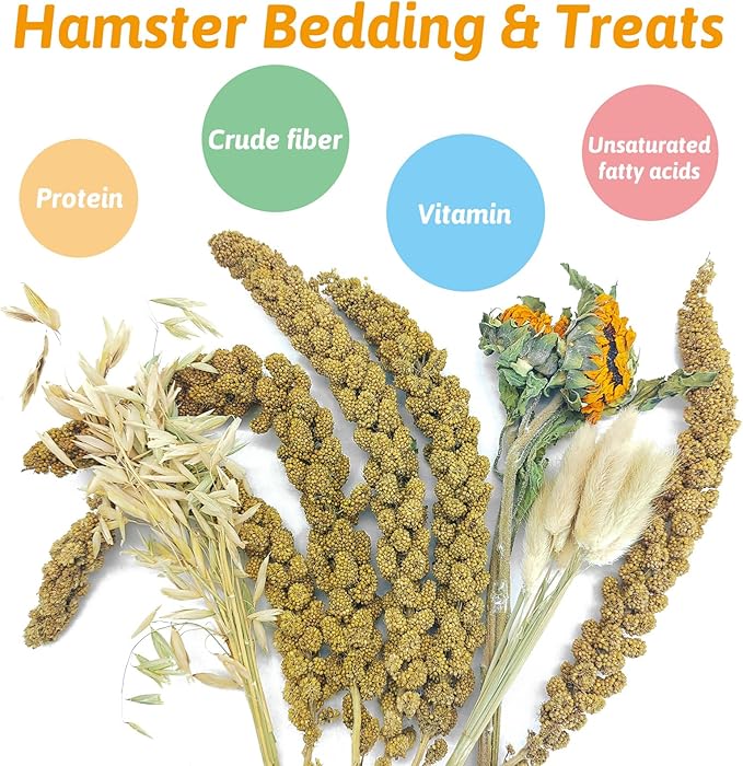 Fhiny Natural Hamster Bedding Mate, Edible Hamster Sprays Flowers & Herbs Gerbil Habitat Enclosure Decor Grain Treats Cage Accessories for Dwarf Syrian Hamster Lemming Degus Gerbil Mice