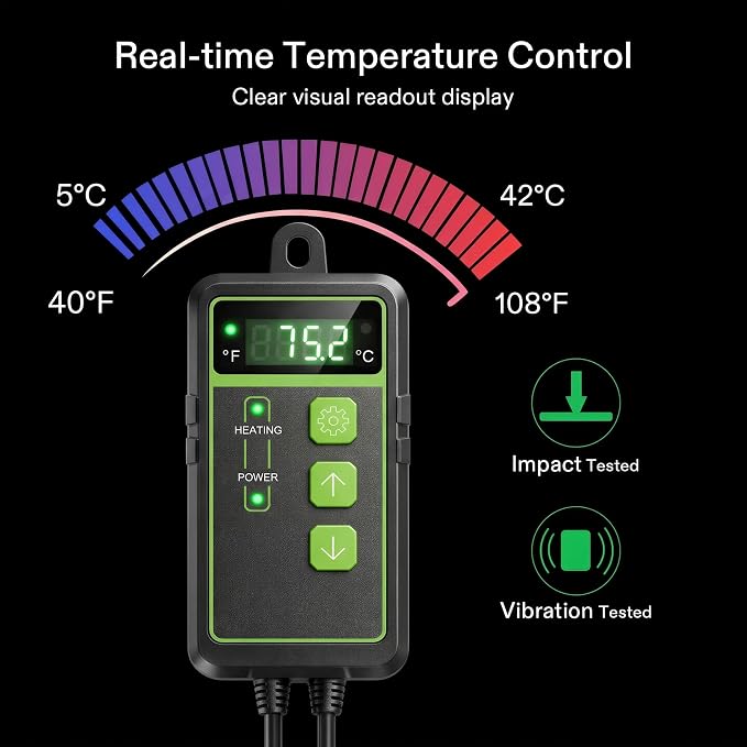 Digital Temperature Controller Thermostat, Heating & Cooling Outlet with LCD Touchscreen NTC Probe, 40–108°F, 110V for Reptile Tank, Seedling Heat Mat, Greenhouse, Fermentation