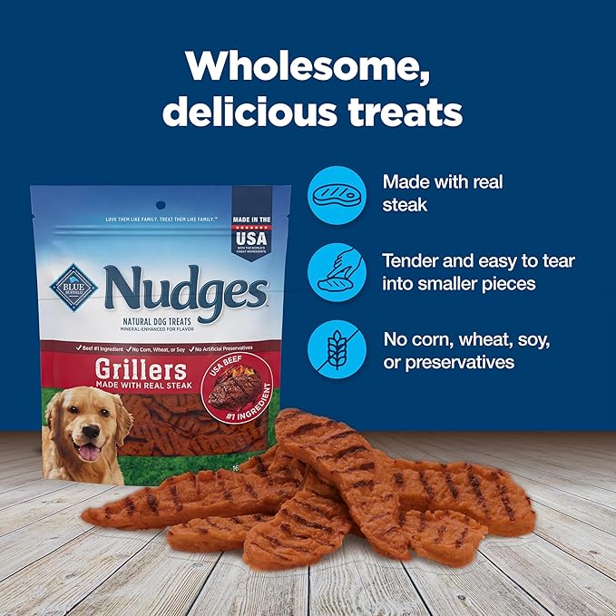 Blue Buffalo Nudges Grillers Natural Dog Treats, Made in the USA with Real Steak, 16-oz Bag, (Pack of 5)