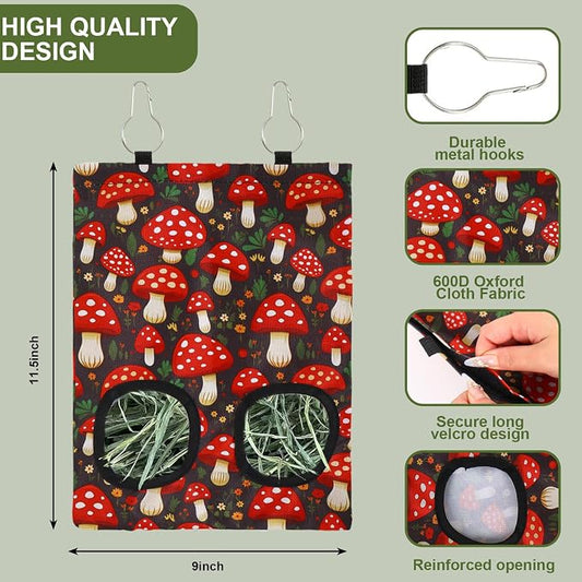 JarThenaAMCS 2Pcs Rabbit Hay Feeder Bag with 2 Holes Black Beige Mushroom Guinea Pig Hanging Hay Feeding Bag Storage Dispenser for Chinchilla Hamster Bunny Small Animal Pet