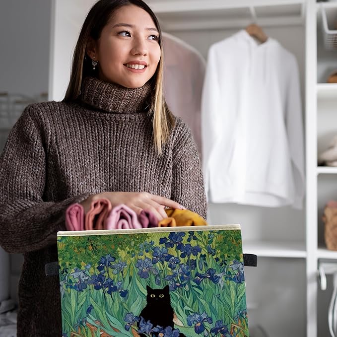 Irises Floral Black Cat Storage Bin Box, Cat Lover Mom Lady Grandma Gifts Collapsible Storage Basket Organizer for Bedroom Bathroom Home Clothes Toys Books, Toybox for Girls