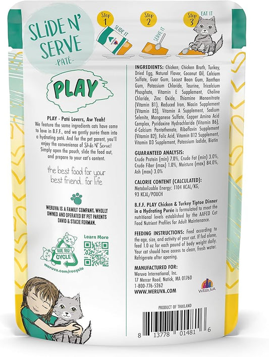 B.F.F. PLAY - Best Feline Friend Paté Lovers, Aw Yeah!, Chicken & Turkey Tiptoe with Chicken & Turkey, 3oz Pouch (Pack of 12)
