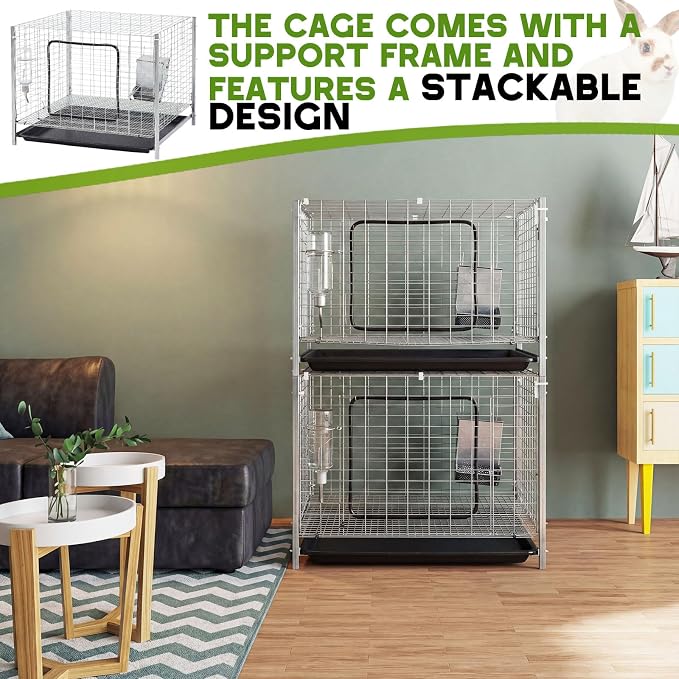 1 Set 24 x 24 x 16 Inch Stackable Rabbit Breeding Cage Complete Kit with Feeder and Water Bottle Foldable Metal Small Hutch with Tray and Stand for Guinea Pig Ferret Bunny Easy to Clean