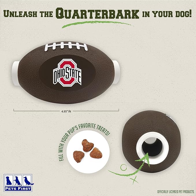 NCAA Ohio State Buckeyes Football Treat Dispensing Toy for Dogs and Cats, Rubber Ball Pet Toy, Interactive Fun Doggie Treat Toy, Natural Rubber Feeding Toy