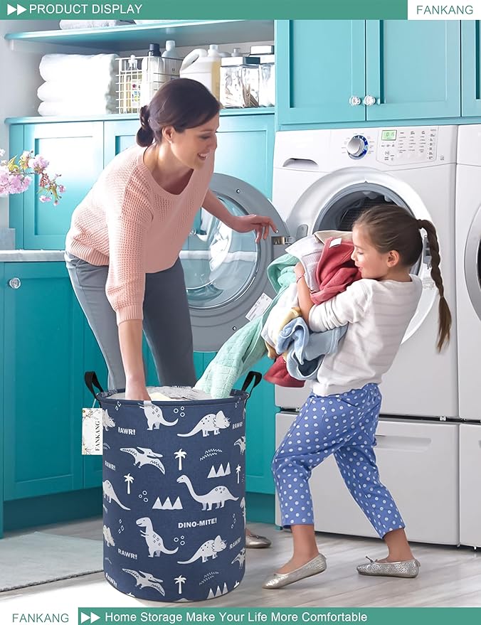 Storage Basket, Nursery Hamper Canvas Laundry Basket Foldable with Waterproof PE Coating Large Storage Baskets for Kids Boys and Girls, Office, Bedroom, Clothes,Toys(Blue dinosaur)