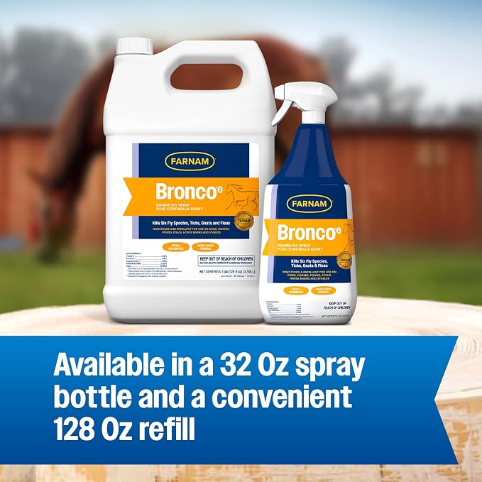 Farnam Bronco E Fly Spray for Horses, Dogs & Premises - Water-Based Fly Spray Kills & Repels Stable, Horse, Deer, House & Horn Flies, Mosquitoes, Fleas, Chiggers, Ticks, Lice & Gnats [128 oz Refill]
