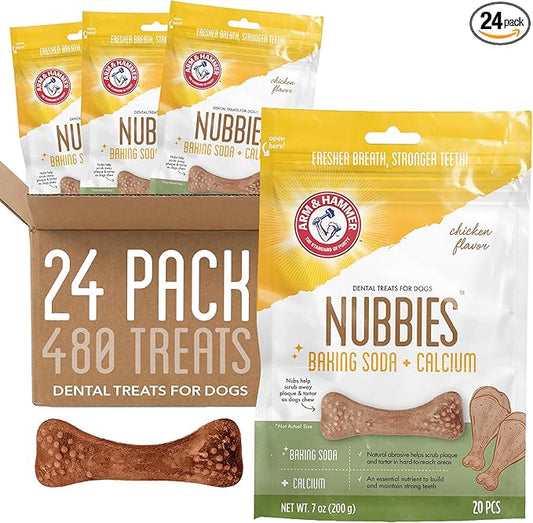 Arm & Hammer for Pets Nubbies Dental Treats - Baking Soda & Calcium Dog Dental Chews, Nubbed Texture Helps Scrub Plaque & Tartar While Chewing, Chicken Flavor, 20 Count, 7 Ounce - 24 Pack