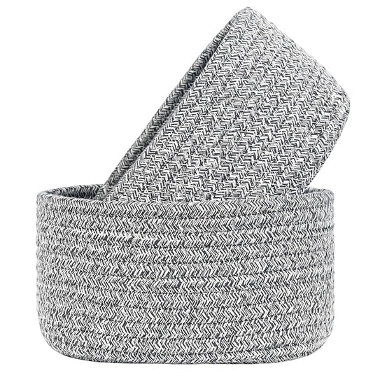 【2 Pack】ABenkle Small Woven Baskets, Tiny Oval Shallow Storage Baskets, Mini Cotton Rope Empty Decorative Basket, Boho Little Organizer Bins for Bathroom, Cat Dog Toy Gifts Baskets