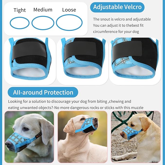 HEELE Dog Muzzle,Soft Nylon Muzzle Anti Biting Barking Chewing,Air Mesh Breathable Drinkable Adjustable Loop Pets Muzzle for Small Medium Large Dogs 4 Colors 4 Sizes (P-Blue Plaid, S)