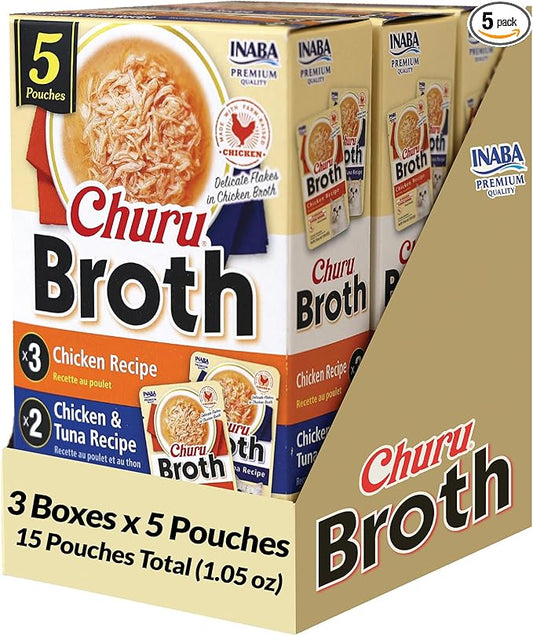 INABA Churu Broth for Cats, Creamy Purée Side Dish Pouch, 1.05 oz Pouches, 15 Pouches Total, Chicken and Tuna Variety