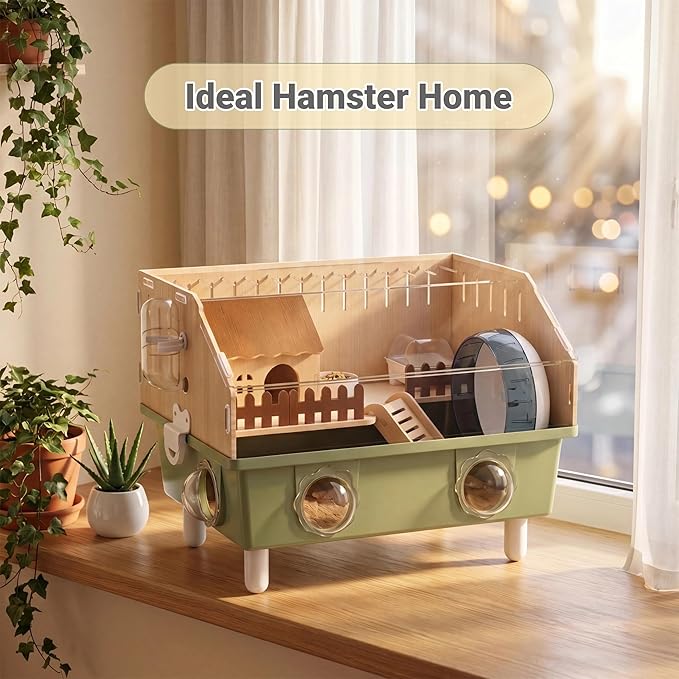 Small Animal Houses & Habitats, Hamster Cage for Dwarf Mouse, Complete Acrylic Small Animal Starter Kit with Accessories, Easy Clean Transparent Pet Cage for Hamsters Gerbils (Green)