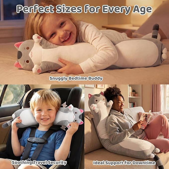 Mewaii Long Cat Plush 5 Sizes, 120% Extra Filling Giant Plushness Kids Body Pillow, Kawaii Cute Grey Cat Stuffed Animals Plushies, Big Long Body Pillow Cat Plush Gift for Girls 36”