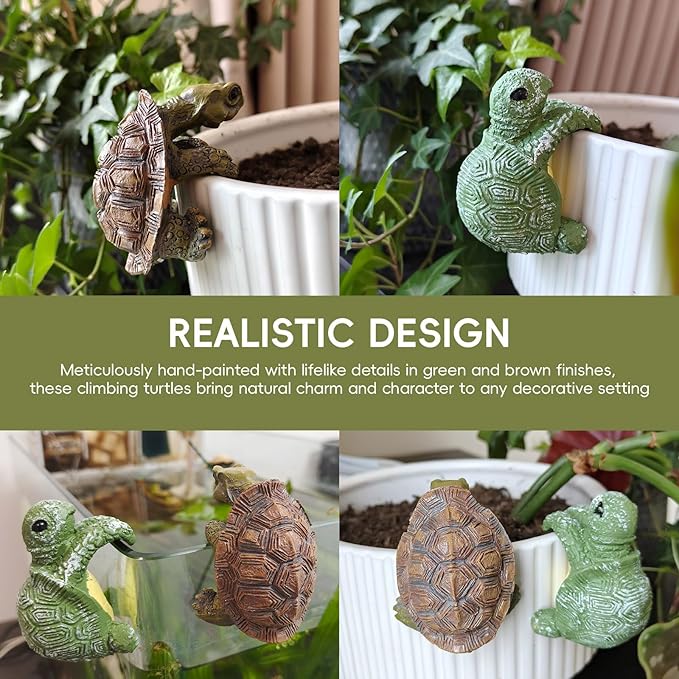 2pcs Resin Turtle Figurines for Pot Edge and Aquarium Decor, Realistic Climbing Green and Brown Decorative Turtles