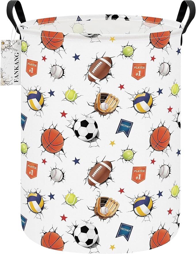 Storage Basket, Nursery Hamper Canvas Laundry Basket Foldable with Waterproof PE Coating Large Storage Baskets for Kids Boys and Girls, Office, Bedroom, Clothes,Toys(3D Sports Balls)