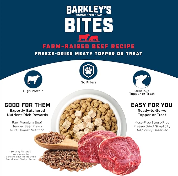 Barkley’s Bag Beef Bites, Freeze Dried Dog Treats & Food Topper, Made w/Beef, Barley, and Quinoa, Small Bite-Sized Pieces for Training Rewards, for All Dog Breeds, Ages & Sizes, 4 Oz Bag (1 Pack)
