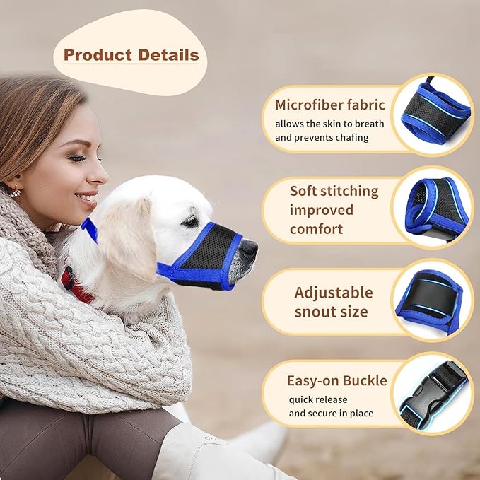 HEELE Dog Muzzle,Soft Nylon Muzzle Anti Biting Barking Chewing,Air Mesh Breathable Drinkable Adjustable Loop Pets Muzzle for Small Medium Large Dogs 4 Colors 4 Sizes (Blue, XL)